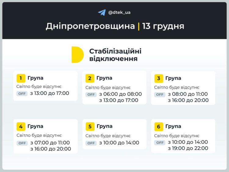 ДТЕК. Як будуть відключати світло у Дніпрі та області 13 грудня: актуальний графік