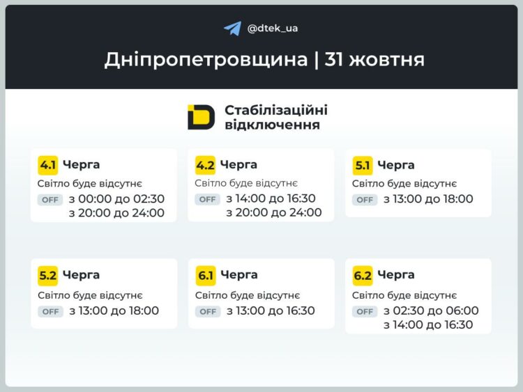 У Дніпрі діє відключення світла. Графік ДТЕК на 31 жовтня
