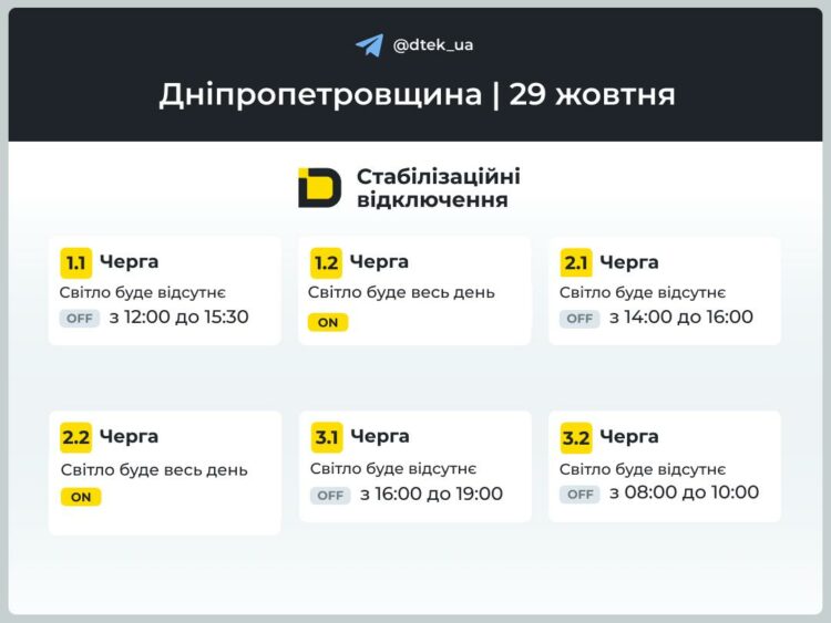 Дніпропетровщина 29 жовтня: графік відключення світла від ДТЕК