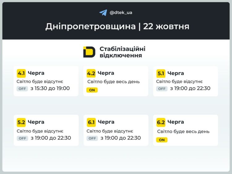 Графік відключення світла ДТЕК у Дніпрі 22 жовтня