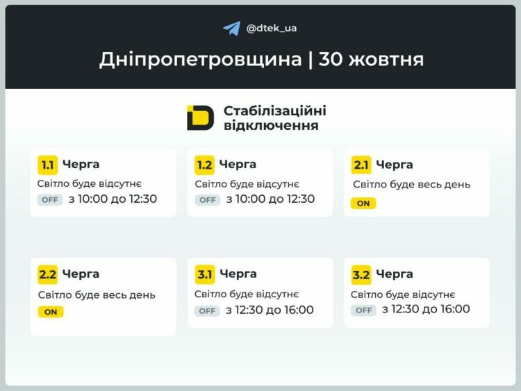 У Дніпрі та області діють стабілізаційні відключення світла. Графік ДТЕК