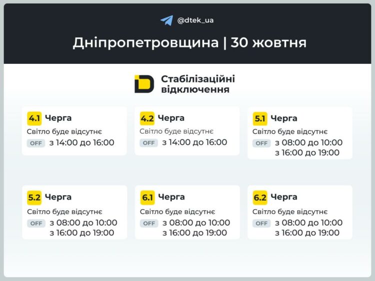 У Дніпрі та області діють стабілізаційні відключення світла. Графік ДТЕК