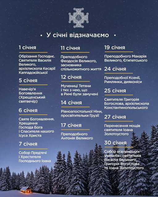 Календар церковних свят на січень 2026