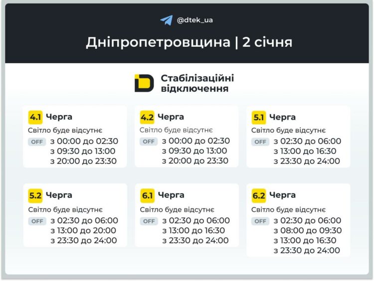 Відключення світла на Дніпропетровщині 2 грудня: графік ДТЕК