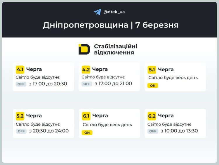 Графік погодинних відключень 7 березня у Дніпрі –ДТЕК