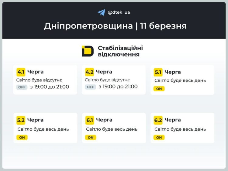 Графік ДТЕК: як у Дніпрі відключатимуть світло 11 березня