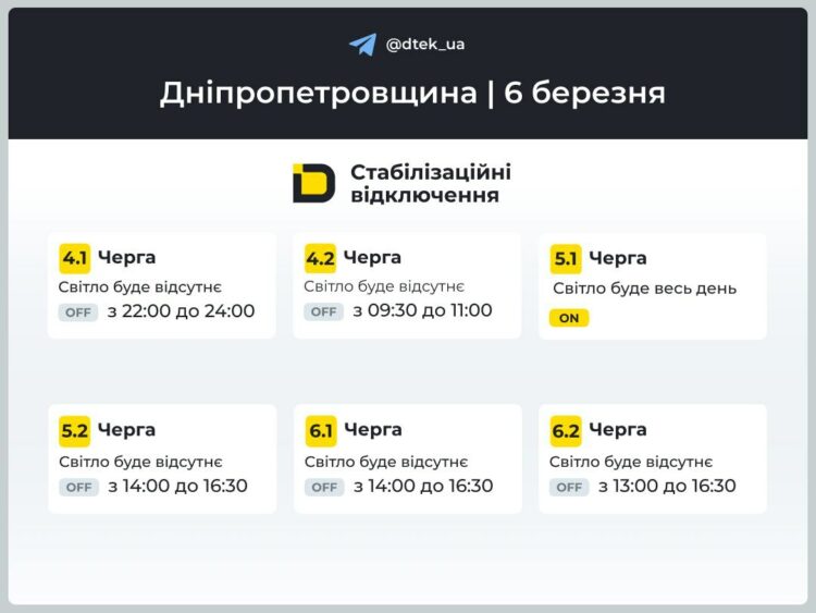Відключення світла на Дніпропетровщині 6 березня: графік ДТЕК