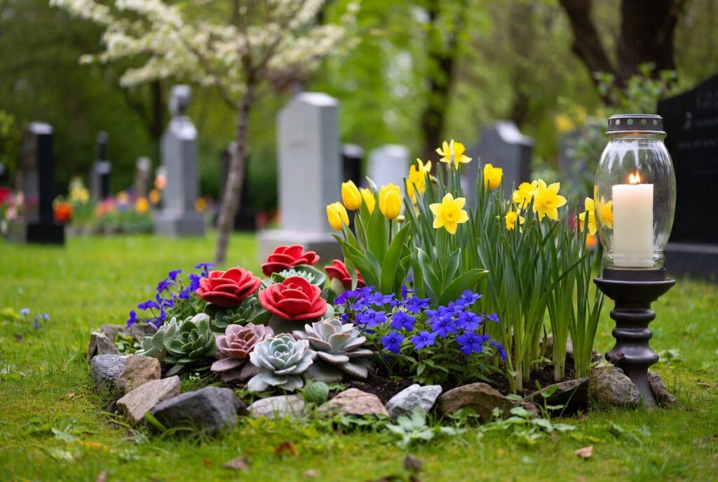 Які квіти посадити на могилі: кам’яна троянда, барвінок та інші невибагливі багаторічники Доглянута могила з кам'яними трояндами, барвінком та нарцисами. Фото ШІ редакція «Дніпро Регіон»