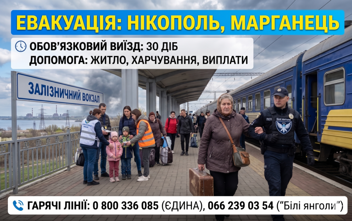 Офіційна інфографіка: обов'язкова евакуація Нікополь Марганець 2026 телефони гарячої лінії Білі Янголи Схід SOS